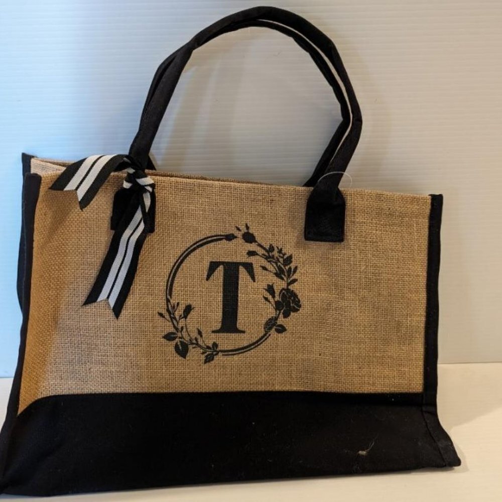 Top Design Monogrammed Initial “T” Jute Canvas Tote Bag​​​​​